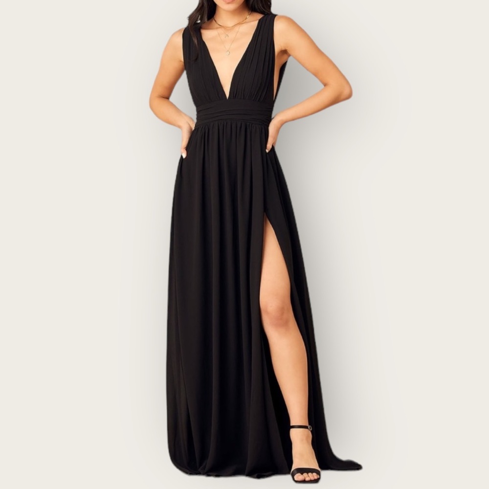 Lulu's Heavenly Hues Black Plunging V-Neck Maxi Dress with Side Slit